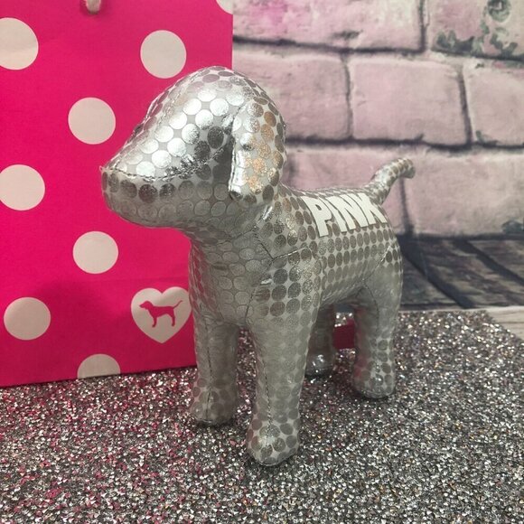 PINK Victoria's Secret Silver Metallic Polka Dot Plush Dog - Picture 2 of 4